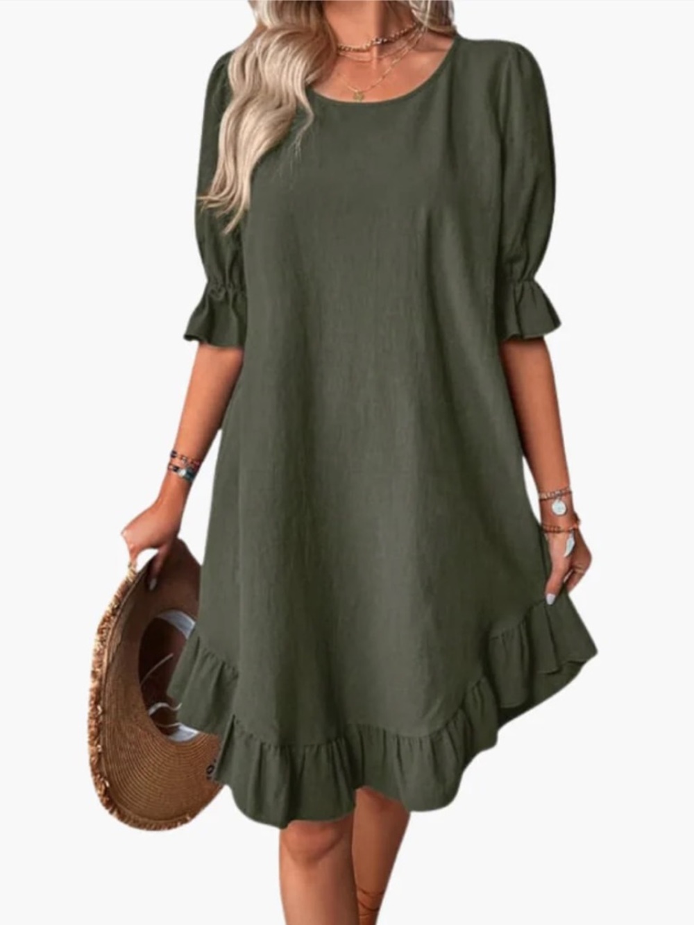 Women’s Cotton Olive Green Mini Dress with Ruffle Hem
